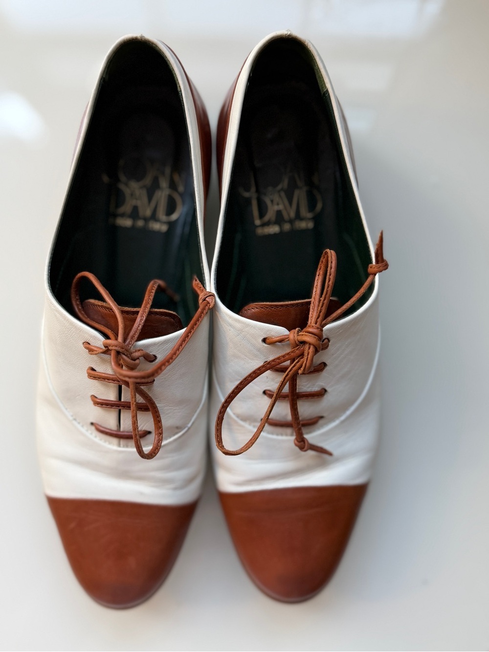 Joan & David White and Brown Leather Oxford Specrator Flats